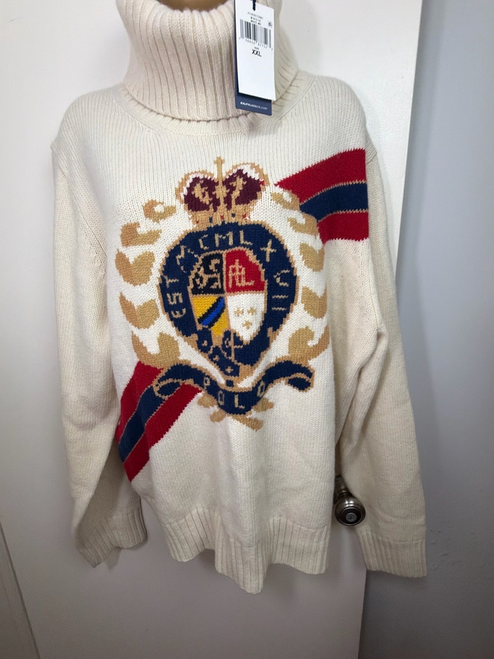Polo Ralph Lauren CreamRed Intarsia Crest Wool Preppy Turtleneck Sweater XXL NWT - Picture 7 of 16